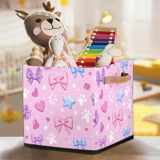 TropicalLife Paw Pink Bow Storage Cube, 13 Inch Fabric Cube Storage Organizer Bin for Shelves Clothes, Decorative Foldable Storage Boxes