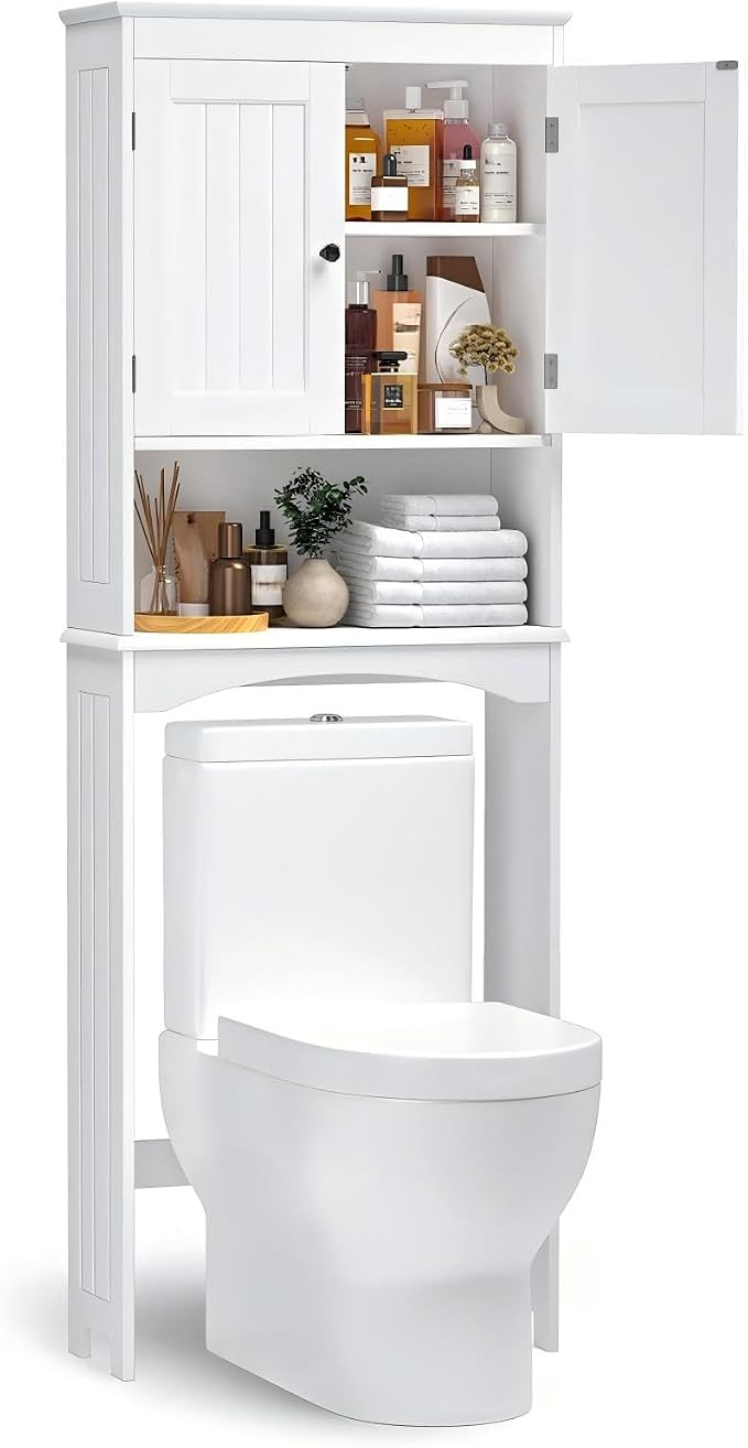 Bealife Over The Toilet Storage Cabinet with Open Shelf - White | Over Toilet Bathroom Organizer with Adjustable Shelf and Double Doors, Space Saver Free Standing Storage Shelf for Bathroom
