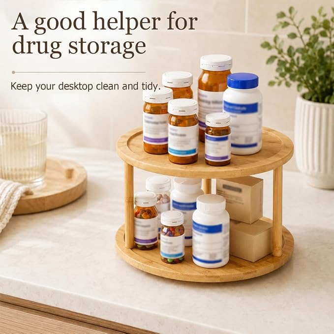 2 Tier Wooden Lazy Susan Organizer, 360 Degree Rotating Medicine Cabinet Turntable for Bathroom, Kitchen Cupboard, Countertop, Pantry and Spice Bottle Storage