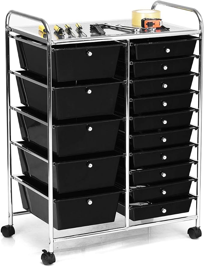Moccha 15-Drawer Rolling Storage Cart - Under Desk Storage Drawers with wheels for Craft Art Supply Paper Salon, Scrapbook Paper Tools, Mobile Utility Cart for Classroom (15 Drawers, Black)