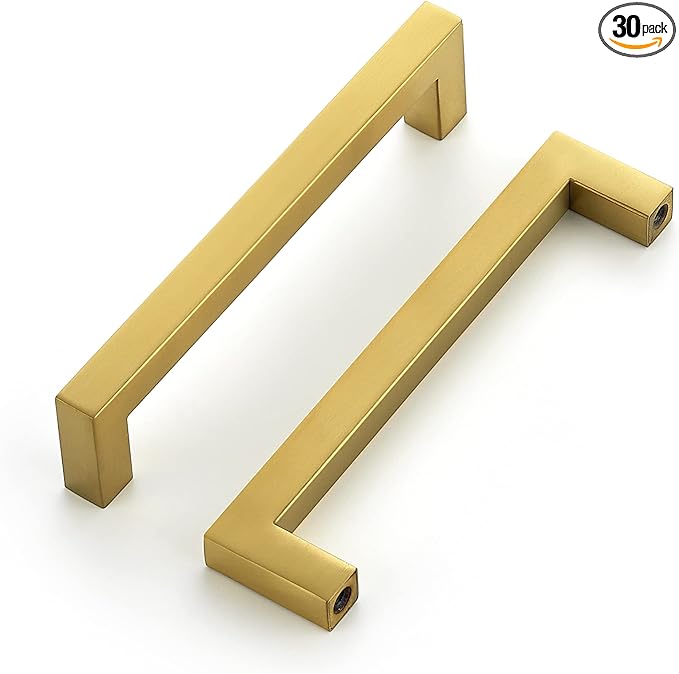 Ravinte Brushed Brass Square Cabinet Handles Drawer Pulls,5 Inch,30 Pack | Screws Included, Stainless Steel, Square Bar Grip, Easy Install, Kitchen Cabinet Hardware, For Cupboards, Drawers, Dressers