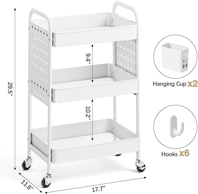 KINGRACK 3 Tier Rolling Cart with DIY Pegboard, Metal Utility Cart with Wheels, Hooks & Baskets, Sturdy Storage Organizer for Craft, Bathroom, Kitchen, Office, Nursery, Classroom (White)