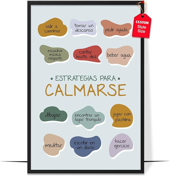 LOLUIS Mental Health Poster, La Salud Mental Spanish Learning Tools Educational Supplies Art Print (Estrategias Para Calmarse, Custom Frame Type)