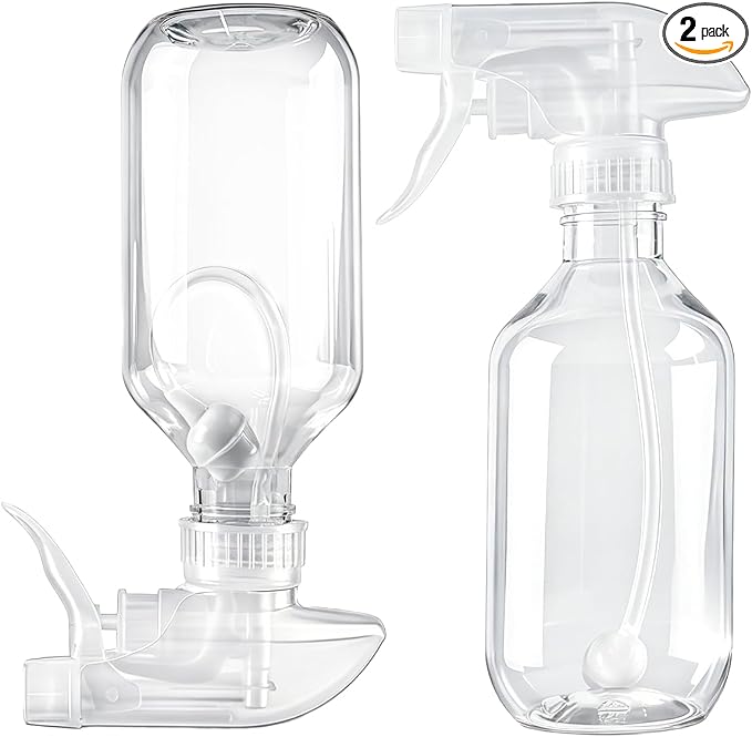 2 Pack 360° Spray Bottles, 10 oz Plastic Small Containers with Adjustable Spray Nozzles, Spray Bottles for Hair, Cleaning Solutions, BBQ and Plants Clear