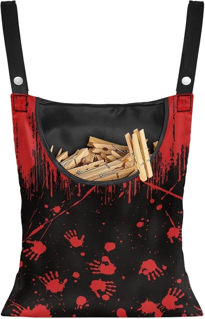 Red Blood Handprint Clothespin Bag with Hanging Hook Summer Laundry Clothes Pin Holder Waterproof Clothes Pin Hanging Bag Clothespin Storage Organizer with Large Opening