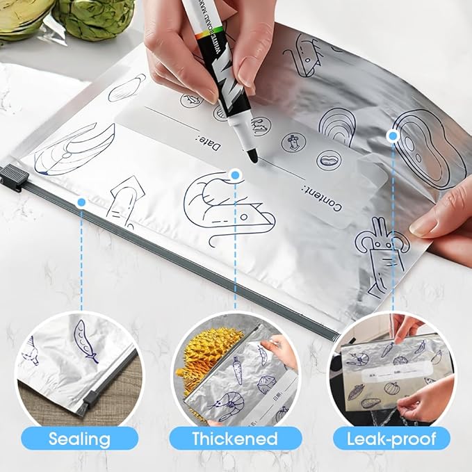 Reusable Aluminum Foil Sealable Storage Bags, Upgrade Reusable Food Storage and Preservation Slider Bags with a Stand-Up Bottom Design Preservations Bags for Kitchen (S(7.87 * 5.11in), 10pcs)