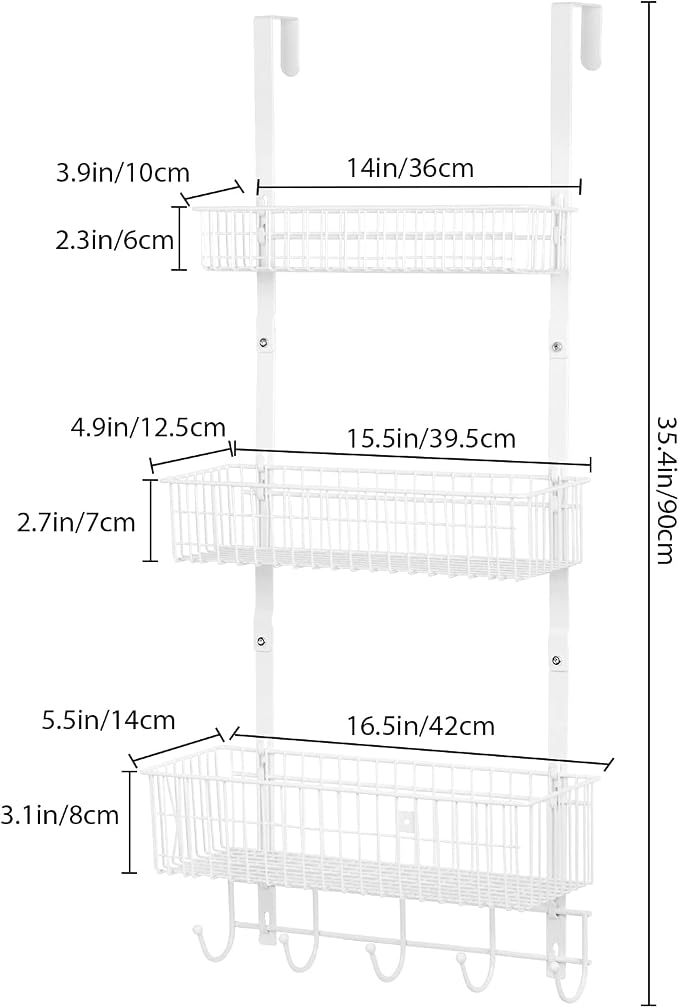 YBING Over The Door Organizer with Hooks Door Hanger Towel Rack with 3 Mesh Baskets Back of Door Hanging Shelf Organizer Behind Door Pantry Organizer for Bathroom Bedroom White