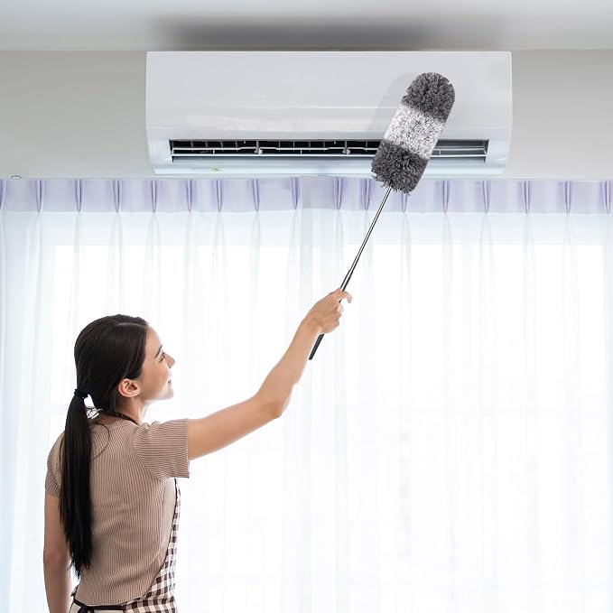Tanlade 1 Pcs Microfiber Feather Duster for Cleaning, Extendable 13-31 Inch Ceiling Fan Duster with Bendable Head, Washable Tools for Ceiling Fans, Furniture, Car, Cobwebs (Gray White)