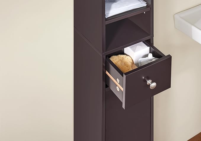 SoBuy Bathroom Storage Cabinet Adjustable Shelves, Tall Narrow, Brown | Freestanding Cupboard With Adjustable Shelves, Space-Saving Storage For Tiny Bathroom Gaps, BZR34-BR