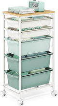 Slim Rolling Storage Cart with 5 Drawers, Craft Organizer, Wooden Tabletop Utility Cart for Bedroom, Children's Room and Office Organization, Table Side Trolley with Lockable Wheels, Green