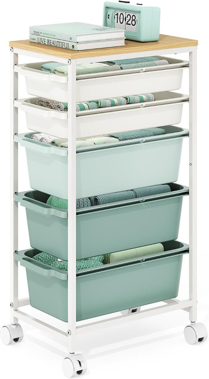 Slim Rolling Storage Cart with 5 Drawers, Craft Organizer, Wooden Tabletop Utility Cart for Bedroom, Children's Room and Office Organization, Table Side Trolley with Lockable Wheels, Green