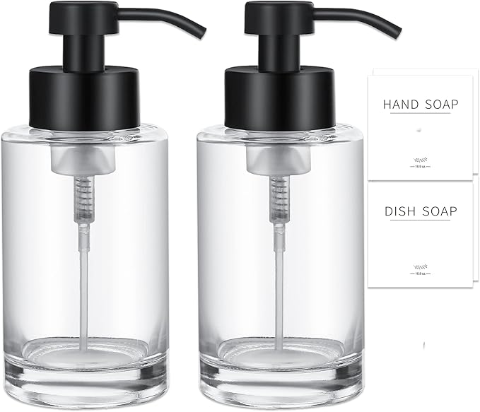 Foaming Soap Dispenser Set, 12 Oz Glass Hand Soap Dispenser with 304 Rust Proof Stainless Steel Pump, Waterproof Labels, for Bathroom Decor Kitchen College Dorm, Clear Black Pump 2 Pack | Rust Proof Black Pump, Sturdy, Clear Empty Foam Bottle with Wate...