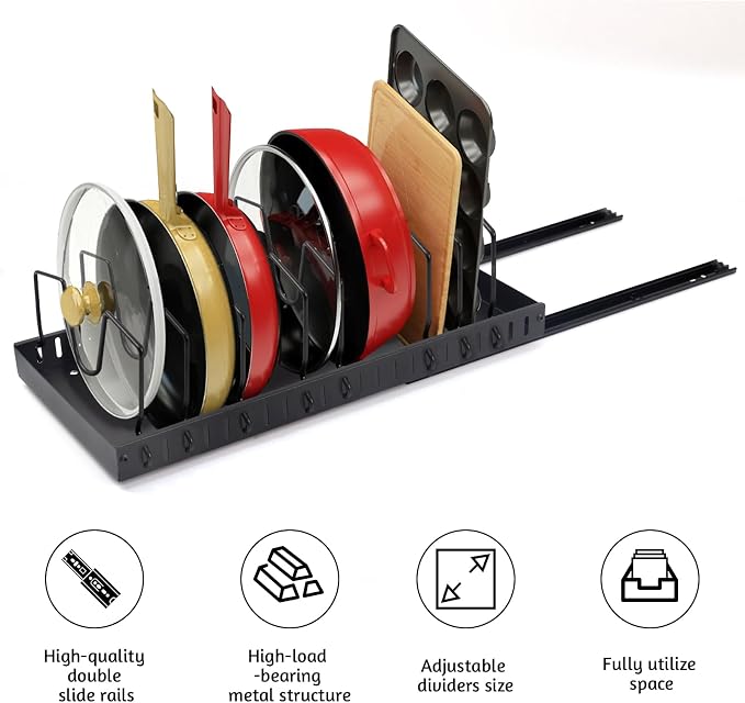 XIAPIA 2 Pack Pull Out Pots and Pans Organizer Under Kitchen Cabinet | Pot Lid Organizer, Slide Out Cookware Storage Rack with 8 Adjustable Dividers, Pull Out Shelves for Dishware Seasoning, Black