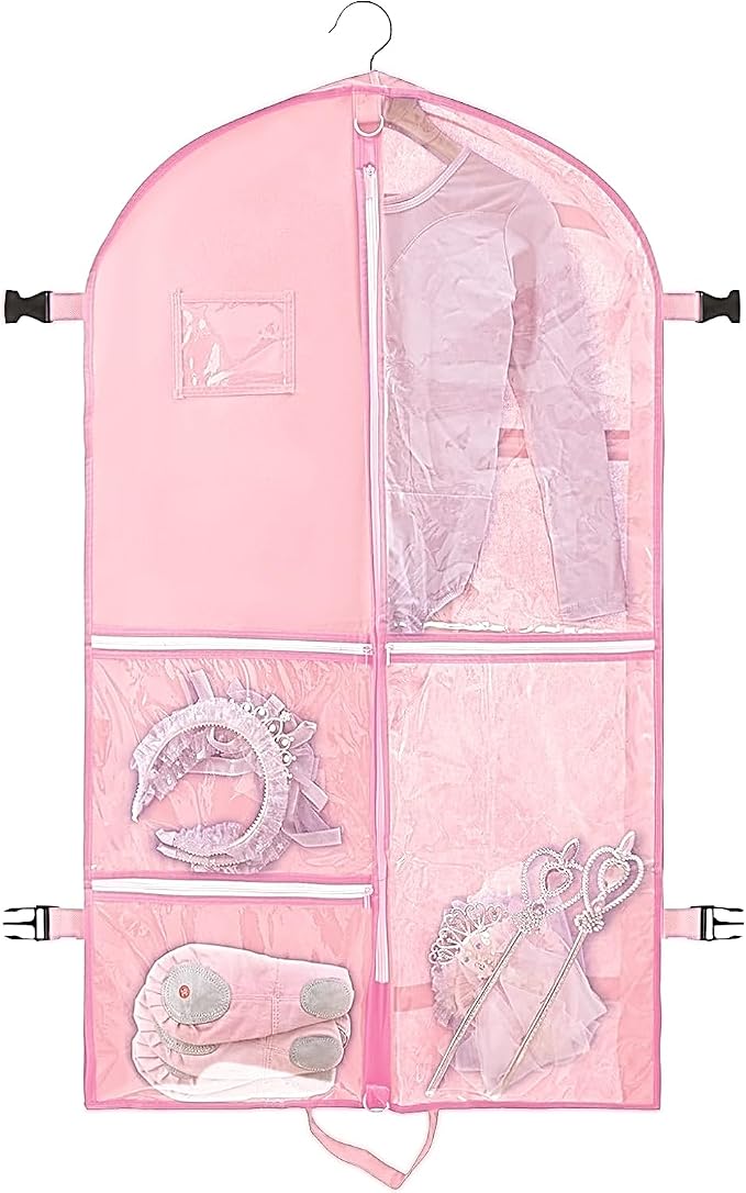 Clear Dance Costume Garment Bag for Dancers,40 inch Garment Bag for Dance Competitions with 5 Clear Zipper Pockets for Dance Costumes,Garment Bags for Hanging Clothes Travel Storage (Pink)