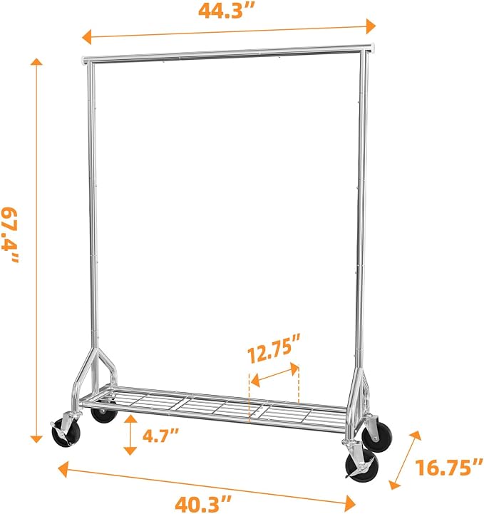 Ekisemio Heavy Duty Rolling Clothes Rack with Wheels and Shelves, 450 lbs Capacity, Portable Garment Rack for Hanging Clothes, Standing Wardrobe for Closet, Bedroom, Commercial Use, Chrome