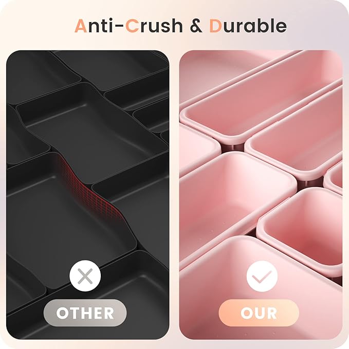 A-LuGei 【28pcs】 【5size】 Drawer Organizer, Makeup organizer, 【Holds 177 Items】 Bathroom Organizers and Storage, Plastic Desk Organizer Divider, Organizer Bins(5size)(LightPink)