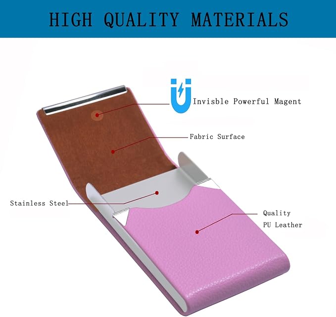 Business Card Holder with Ultra Slim Design,Business Card Case with Premium PU Leather, Suit Pocket Metal Card Holder for Women/Men,Professional Name Card Holder with Magnetic Shut (Pink)