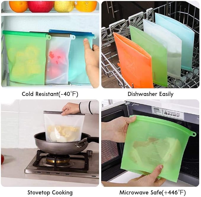 Reusable Storage Bags 15 Packs Reusable Silicone Storage Bags Set with 6 PCS Eco-Friendly Leakproof Silicone Food Storage Bags,3PCS Beeswax Wrap+6PCS Silicone Stretch Lids Cover for Meat Fruit Veggies