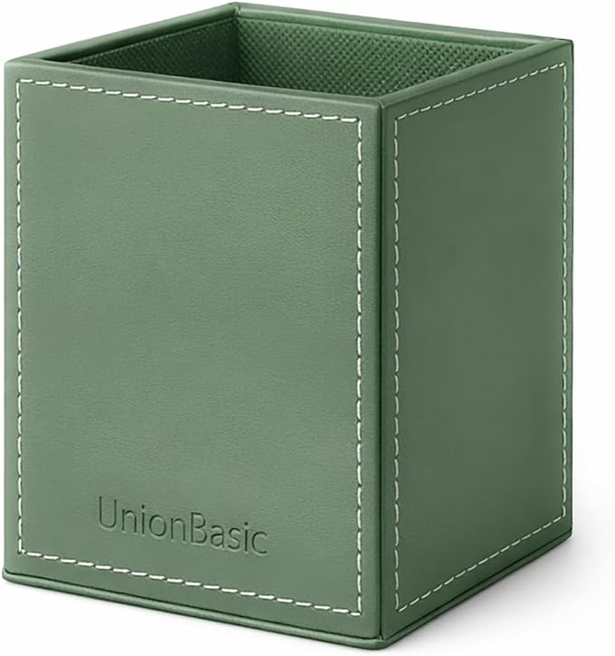 UnionBasic Square Pens Pencils Cup Holder Desk Stationery Organizer, Selected Faux Leather, Malachite Green