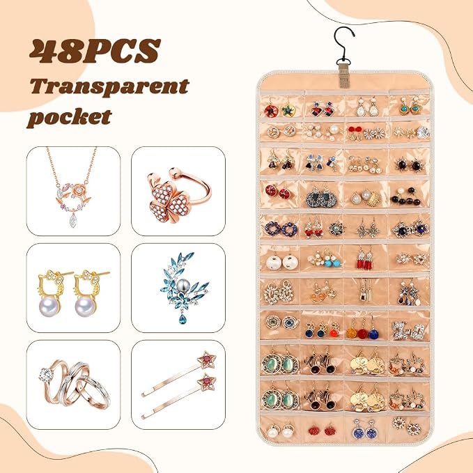 Hanging Jewelry Organizer Storage Roll with 48pcs Pocket Double Sided Rotating Hanger Necklace Hanging Wall Organizer with Hanger Hooks(COLOR:white)