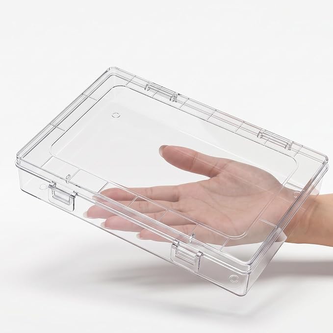 12 Pack Clear Plastic Storage Containers with Lids, 8 x 5 x 1.75 Inch Stackable Hinged Boxes, Empty Organizer for Home Office Craft Supplies, Small Parts Hardware Gadgets