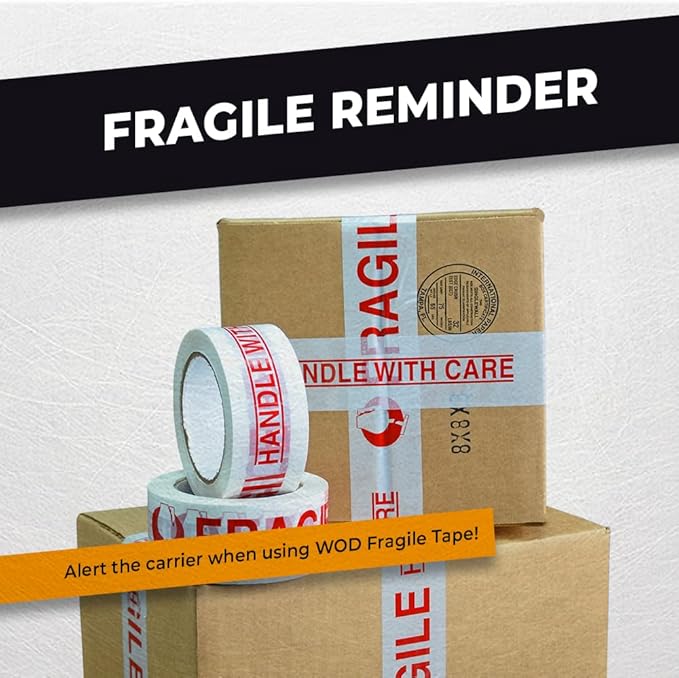 WOD CST2FW Fragile Tape Handle with Care Packing Tape 2 in. x 110 yds. Heavy Duty Carton Sealing Tape Red Lettering for Fragile Cargo and Box Office Moving Shipping, 36 Pack