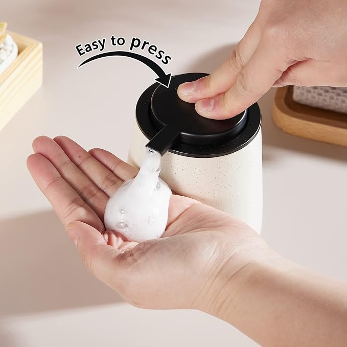 12Oz Foaming Soap Dispenser - Ceramic Foam Hand Soap Dispenser with Easy-to-Press Black Pump, Reusable and Refillable Lotion Dish Soap Dispensers for Bathroom & Kitchen, Speckled Matte Beige