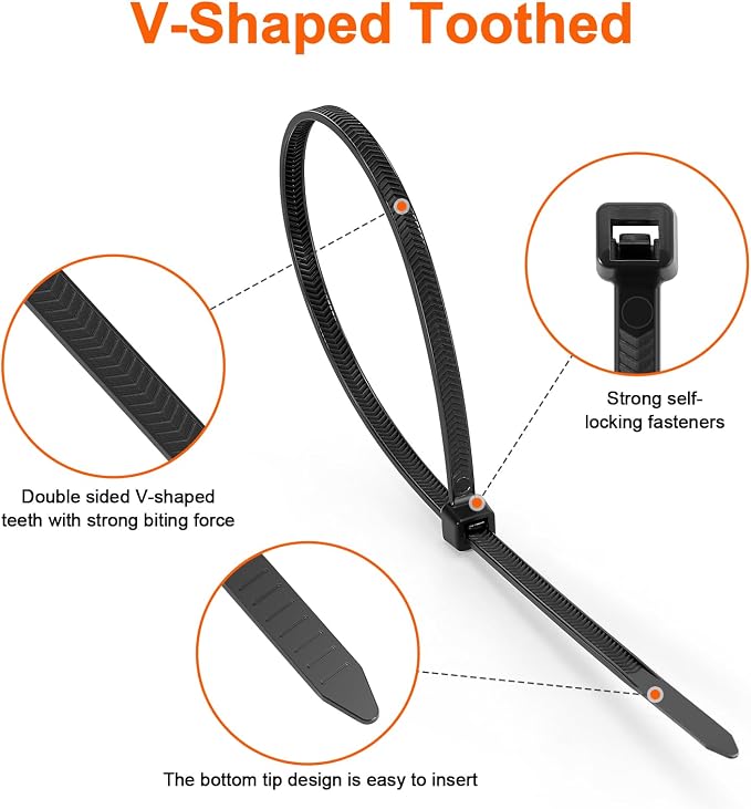 Zip Ties Heavy Duty 12 inch，V-Shaped Toothed Double Sided With 120 LBS Tensile Strength Cable Ties ，Extra Large Wire Ties Adjustable Nylon Tie Wraps for Indoor Outdoor Patented Design（100 Pack Black）