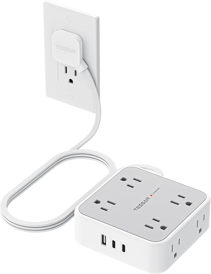 TESSAN Surge Protector Power Strip, 5 Ft Flat Plug Extension Cord with 3 USB (2 USB C) 8 Outlets, 900J Protection, 3 Sided Outlet Extender with Power Switch for Office, Dorm Room, Grey