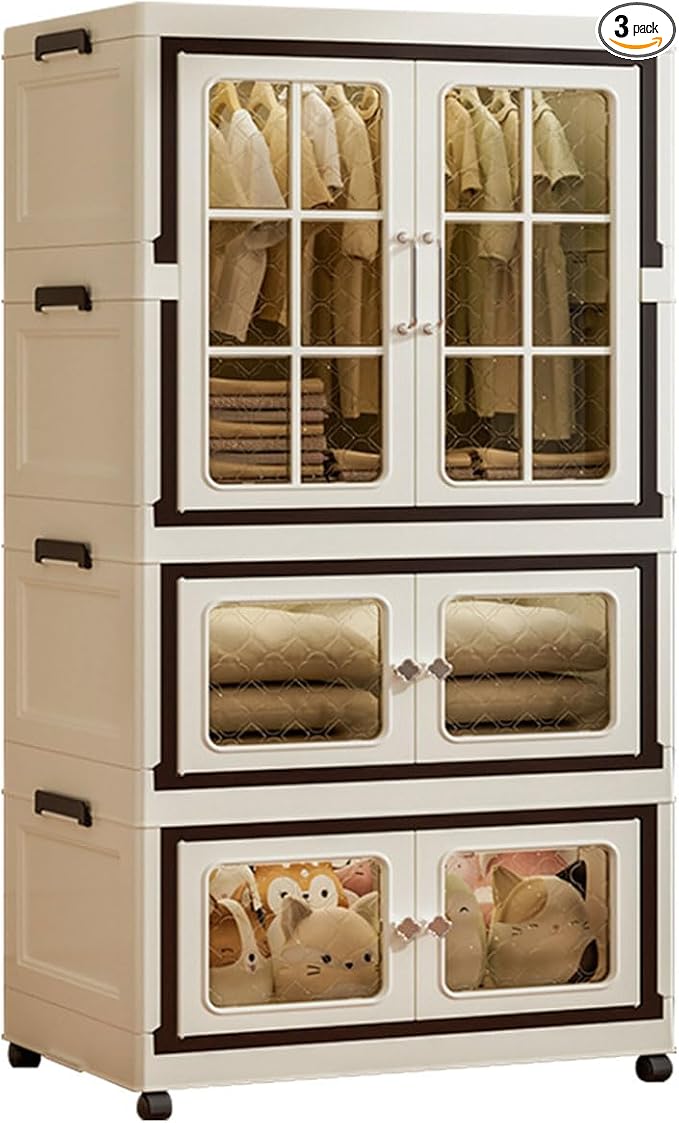 SunSettler 4 Tier Stackable Plastic Storage Bins with Lids and Wheels, Collapsible Organizers Bins with Lids, Closet Organizers and Drawers for Home, Dorm