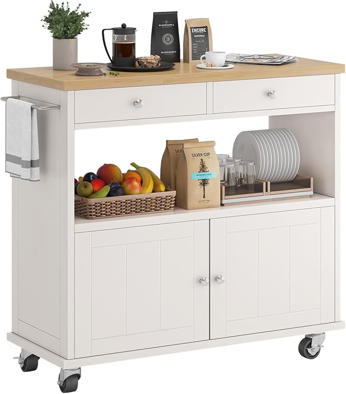 knoworld Rolling Kitchen Island with Storage Cabinet, 35.4'' Width Kitchen Cart, 2 Drawers Island Table, Portable Mobile Kitchen Island with Towel Rack, Wood Top and Lockable Wheels, White