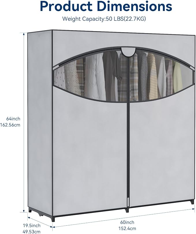 Whitmor Extra-Wide Portable Clothes Closet, 60" Wide Closet Organizers and Storage with Cover, Heavy Duty Metal Clothes Rack, Stable and Easy Assembly Clothes Storage, Light Grey