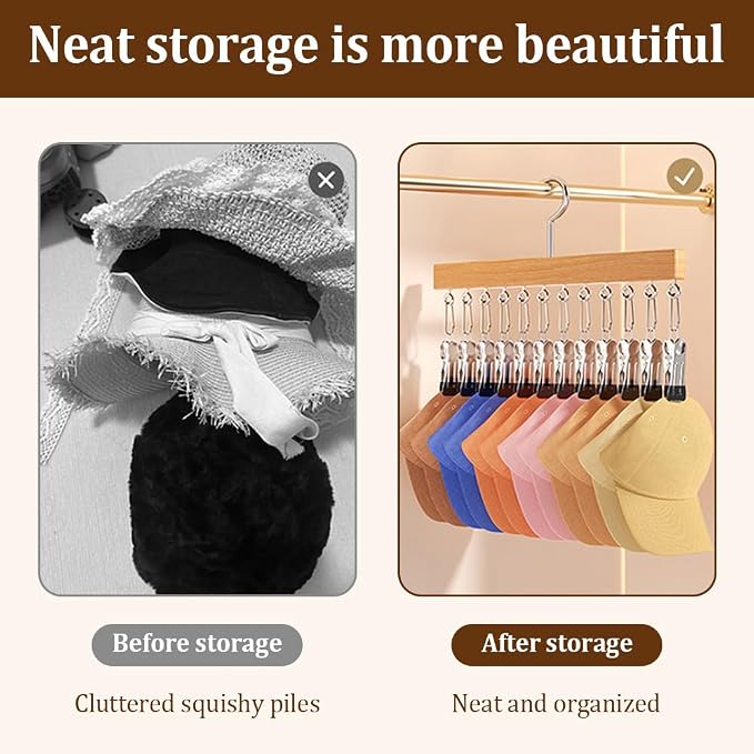 Closet Organizer with 10 Clips, Space Saving Hanging Closet Organizer, Space-Saving Hat Scarf Clothespins for Jeans Skirts Socks Pant Hangers with Clips (Wood-12 Clip, 1PC)