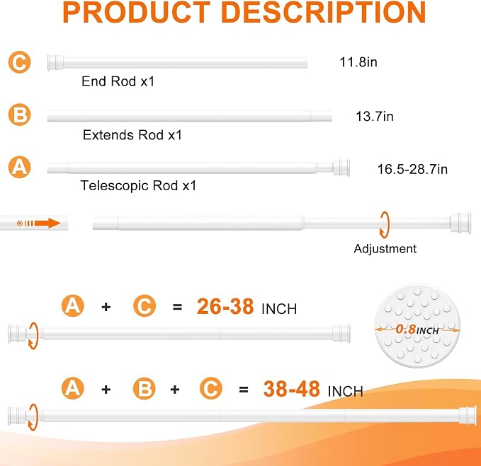 Tension Curtain Rod 26 to 48 Inch Adjustable Tension Rods 4 Pack Expandable Spring Tension Rod White No Drilling for Closet Kitchen Cupboard Wardrobe Door Bookshelf DIY Projects