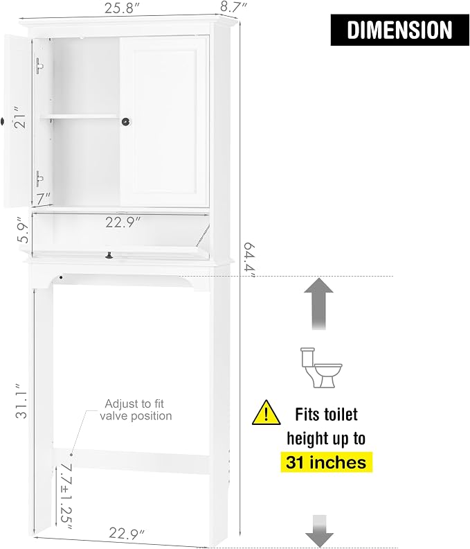 Spirich Bathroom Over the Toilet Storage Cabinet with Tilt-Out Cube, White | Space-saving Organizer for Small Bathrooms, Doors Conceal Clutter, Adjustable Shelf, Anti-Tip Device, Engineered Wood