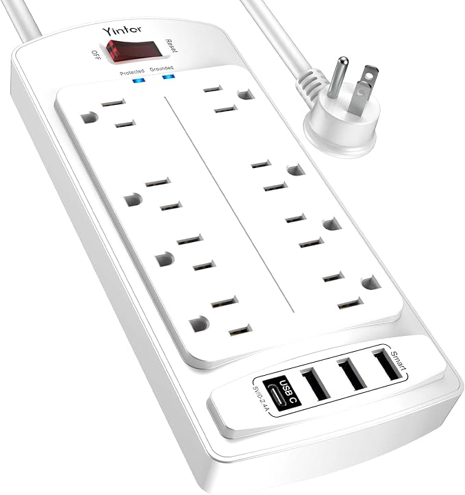 Surge Protector Power Strip, Yintar 6 Feet Flat Plug Extension Cord with 8 AC Outlets and 4 USB Ports, 2700 Joules, ETL Listed, White