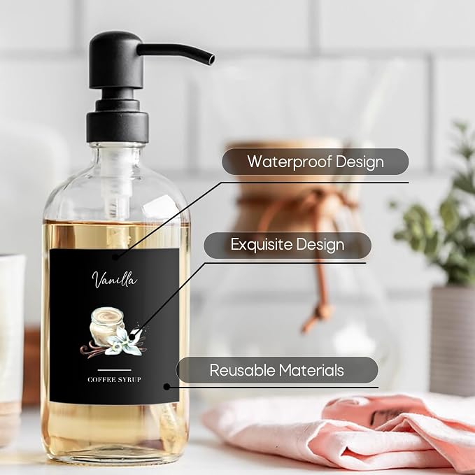 KYONANO 84 Black Coffee Syrup Labels - Elegant Pattern Decor for Coffee Station, Waterproof Labels for Syrup Dispenser & Bottle Organization