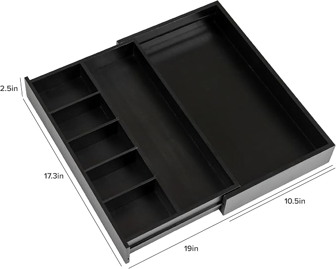 KitchenEdge Adjustable Kitchen Drawer Organizer for Utensils and Junk, Food-Safe Contract Grade with 100% Sustainable Wood, Expandable from 10.5 to 19 Inches Wide - Black Bamboo