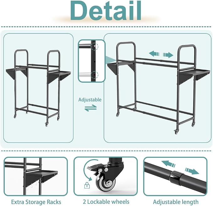 Hershii Rolling Tire Storage Rack, Tire Rack with Wheel,Tire Rack Storage | Adjustable - Black Steel Pipe and ABS, 24.80-42.51'' X 15.35'' X 44.09'' with 8 S Hooks and 2 Storage Shelves for Garage
