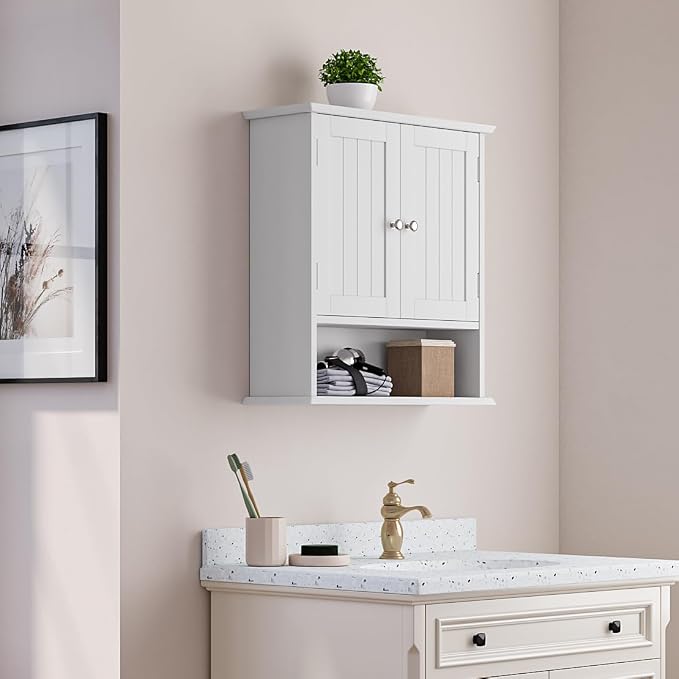 Bathroom Wall Cabinet, Bathroom Cabinet Wall Mount with 2 Doors and Open Shelf, Over The Toilet Wall Storage Cabinet, Bathroom Medicine Cabinet