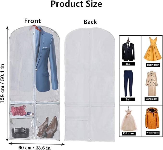 WJWSKI Clear Garment Bags for Hanging Clothes,50 Inch Waterproof Garment Bag for Travel,Clothing Cover Storage Bags with 3 Pockets for Suits,Dress,Coat, Jacket, Sweater, Shirts,Shoes & More