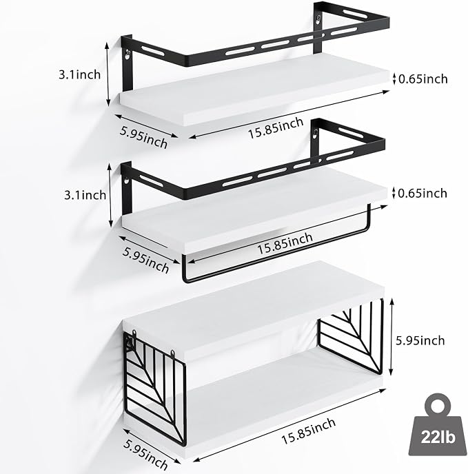 Fixwal Wall Mounted Bathroom Shelves Over Toilet, Rustic Wood Floating Shelves with Metal Frame and Towel Bar for Bathroom, Kitchen, Bedroom, Living Room (3 Plus 1 White)