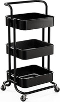 Pipishell 3 Tier Rolling Cart, Metal Utility Cart with Wheels and Handle, Rolling Storage Cart for Nursery Room, Living Room, Painting Room, Office and Kitchen, Black