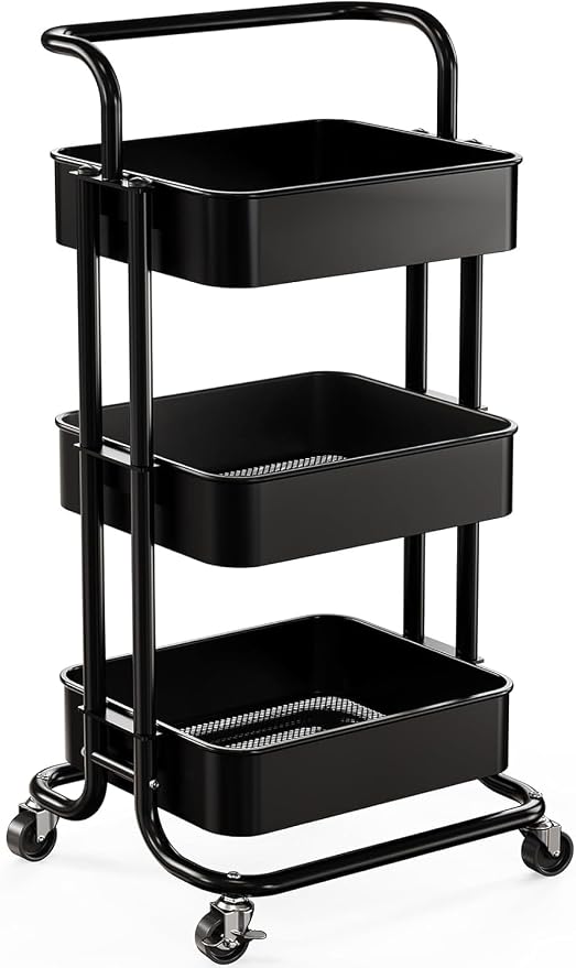 Pipishell 3 Tier Rolling Cart, Metal Utility Cart with Wheels and Handle, Rolling Storage Cart for Nursery Room, Living Room, Painting Room, Office and Kitchen, Black