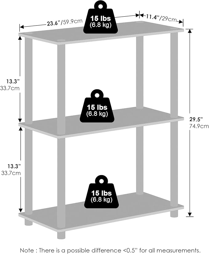 Furinno Turn-N-Tube Book Shelf, 3-Tier Bookshelf, Bookcase with Multipurpose Compact Display Rack, 11.6 x 23.6 x 29.6, for Living Room, Bedroom, Home Office, French Oak/Black