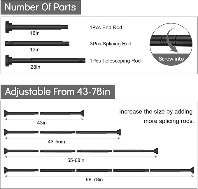 Thestoa Shower Curtain Rod Adjustable 43-78 inch, 1"Diameter Spring Tension Curtain Rod No Drill, Anti-Rust Non-Slip Shower Rod, Black Shower Curtain Rod for Bathroom Tension