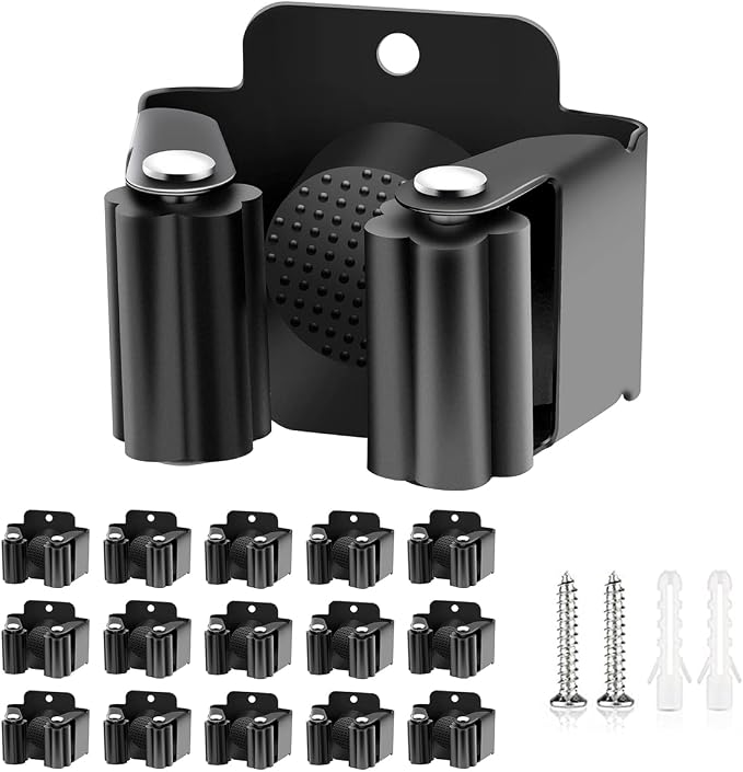 Verdenu 15 Pack Broom Holder Wall Mount, Stainless Steel Mop and Broom Holder with Screws, Garden Tool Storage Organizer for Kitchen, Home, Bathroom, Garage, Black