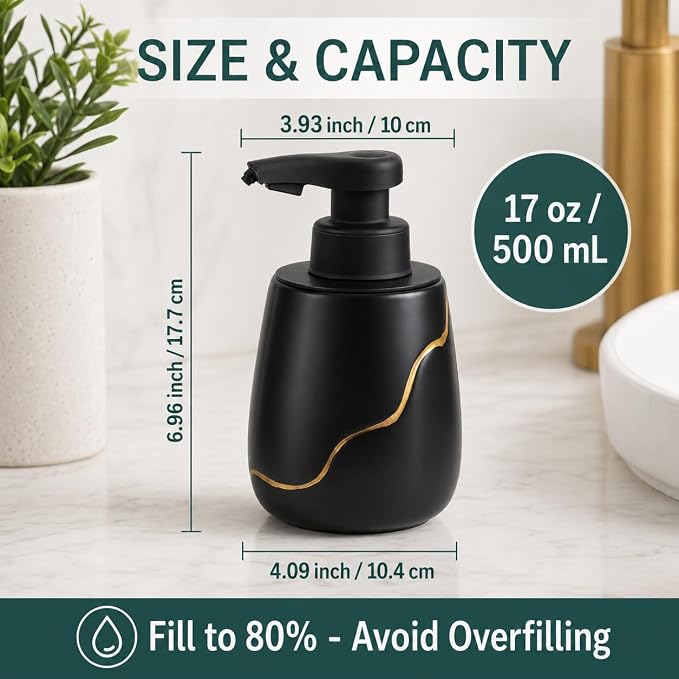 BosilunLife Automatic Foaming Soap Dispenser - Touchless Foam Hand Wash Dispenser for Bathroom Black Ceramic Smart Electric Auto Dish Soap Dispenser Waterproof, USB C Rechargeable, 17 oz/500 ml