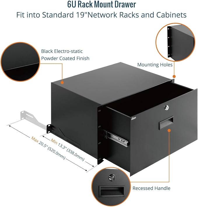 Tecmojo 6U Rack Drawer,Rack Mount Drawer for 19in Network Equipment/Server/AV Rack or Cabinet Enclosure,Sliding and Lockable Server Rack Drawer - Load-Bearing 44lb (20kg),with Cable Management Holes