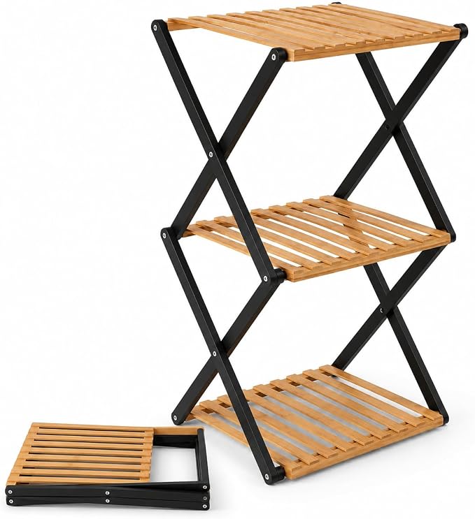 Foldable Bamboo Shoe Rack, 3-Tier Vertical Shoe Organizer for Small Spaces, Narrow Multifunctional Folding Shelf for Entryway, Closet, Bedroom, Hallway, Outdoor Camping & Plant Display-Black